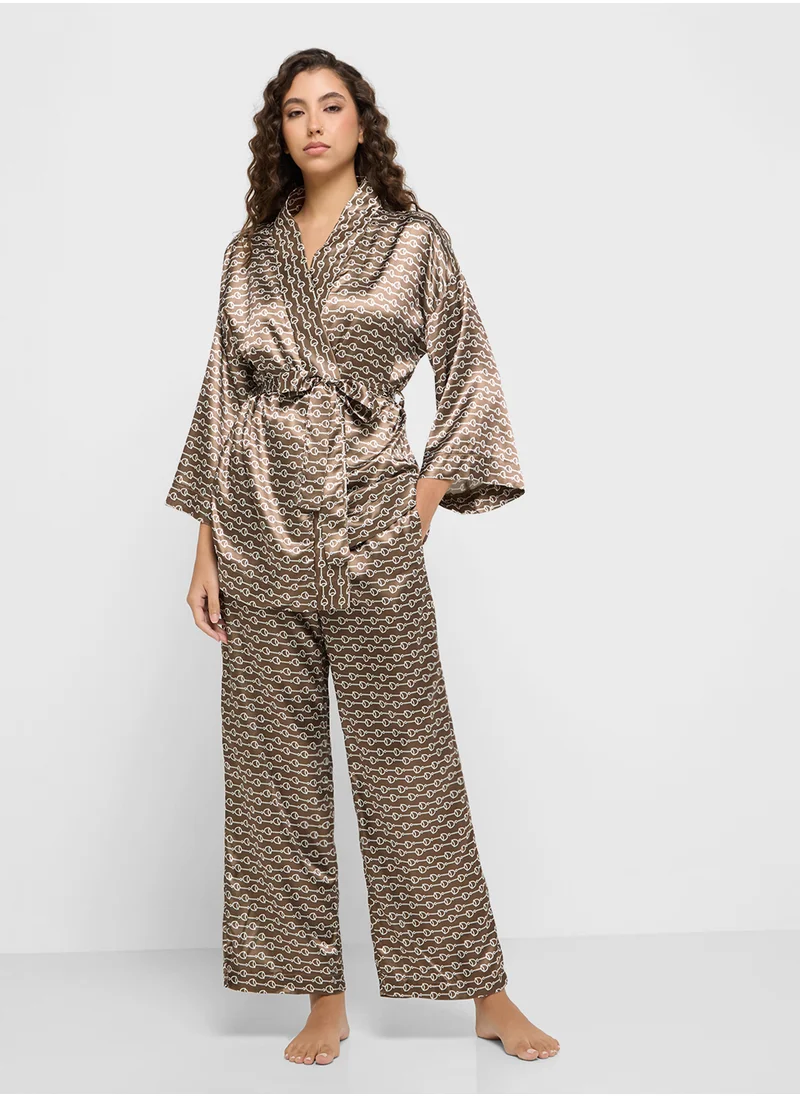 Ginger Geometric Print Satin Robe With Belt & Pyjama Set
