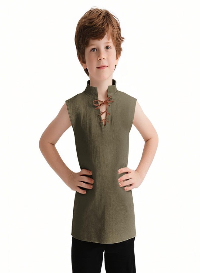 VZQI Kids Medieval Sleeveless Tunic Hip-Length Renaissance Pirate Costume Shirt Boys Girls Viking Halloween Top Green 4'3''-4'9'' - Image 1