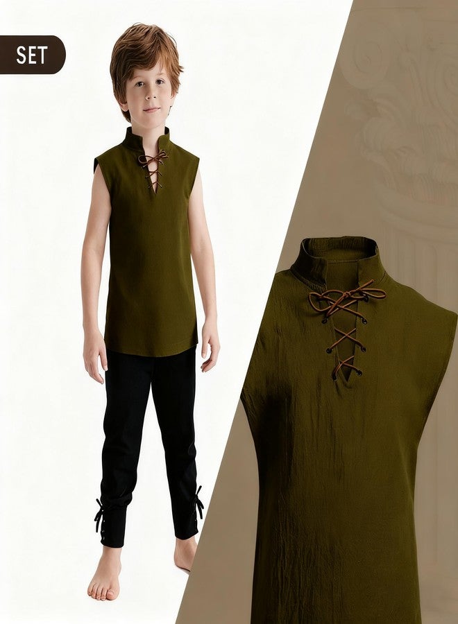 VZQI Kids Medieval Sleeveless Tunic Hip-Length Renaissance Pirate Costume Shirt Boys Girls Viking Halloween Top Green 4'3''-4'9'' - Image 3