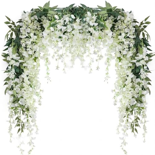 JUSTOYOU 3PCS 7FT 12 Stem Artificial Wisteria Vine Garland Fake Flower Wisteria Garlands for Outdoor Indoor Wedding Wall Badroom Decoration(White) - Image 1