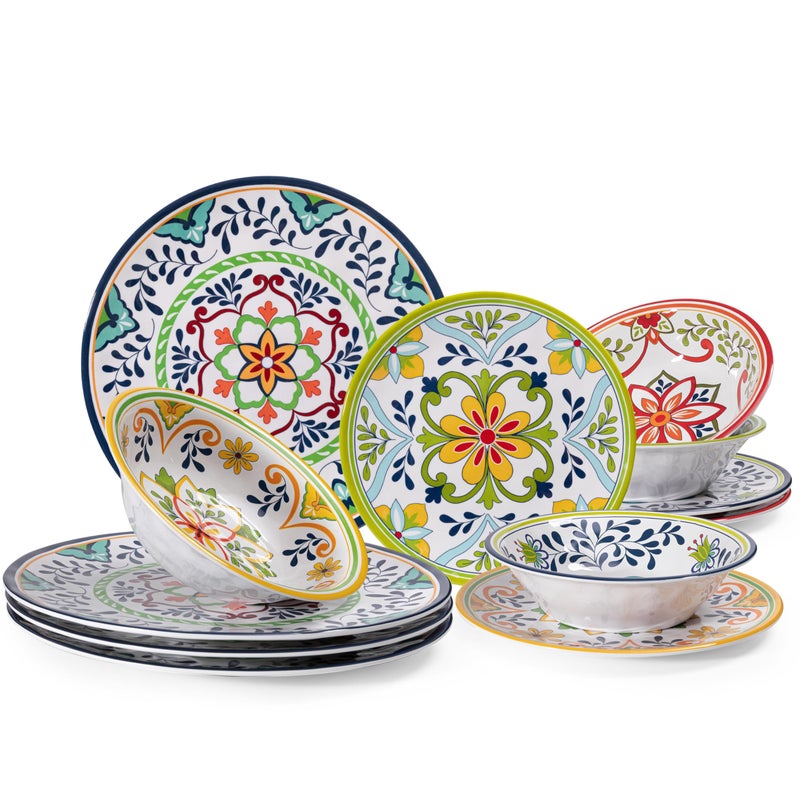 ZAROCRUS 12 pcs Talavera Melamine Dinnerware Set, Service for 4 Melamine Plates and Bowls Set, Unbreakable Dishes Dinnerware Set, Great for RVs, Camping, BPA Free and Dishwasher Safe - Image 1