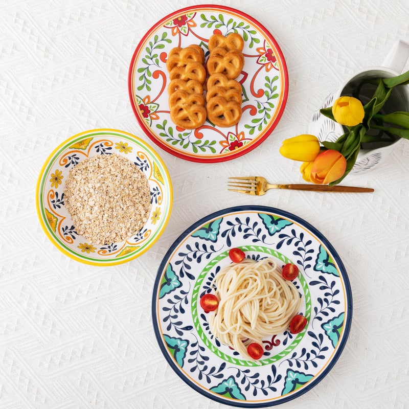 ZAROCRUS 12 pcs Talavera Melamine Dinnerware Set, Service for 4 Melamine Plates and Bowls Set, Unbreakable Dishes Dinnerware Set, Great for RVs, Camping, BPA Free and Dishwasher Safe - Image 4