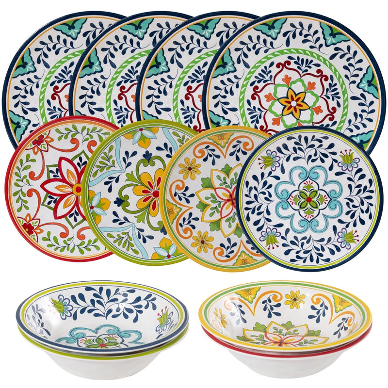 ZAROCRUS 12 pcs Talavera Melamine Dinnerware Set, Service for 4 Melamine Plates and Bowls Set, Unbreakable Dishes Dinnerware Set, Great for RVs, Camping, BPA Free and Dishwasher Safe - Image 2