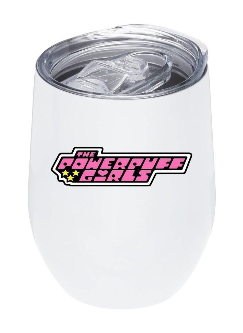 LOUD UNIVERSE White Insulated Tumbler 12Oz With Lid, Power Puff Cartoon Design, Perfect Cute Gift For Hot And Cold Drinks 