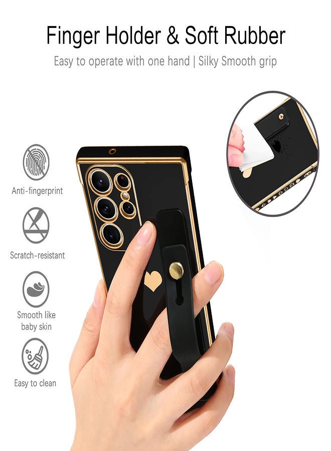 SYOSI For Samsung S23 Ultra Case Slim lovely Luxury Shockproof with Strap Heart Design Soft Bumper Women Men Girl Protective Phone Cover for Samsung Galaxy S23 Ultra 6.8 inch Wrist Strap Holder Black/Gold - Image 2