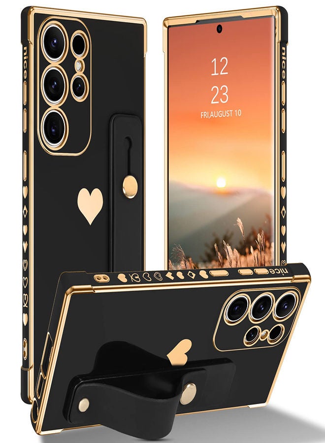 SYOSI For Samsung S23 Ultra Case Slim lovely Luxury Shockproof with Strap Heart Design Soft Bumper Women Men Girl Protective Phone Cover for Samsung Galaxy S23 Ultra 6.8 inch Wrist Strap Holder Black/Gold - Image 1