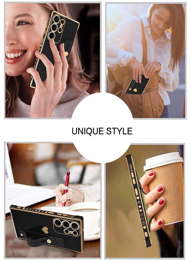 SYOSI For Samsung S23 Ultra Case Slim lovely Luxury Shockproof with Strap Heart Design Soft Bumper Women Men Girl Protective Phone Cover for Samsung Galaxy S23 Ultra 6.8 inch Wrist Strap Holder Black/Gold - Image 3