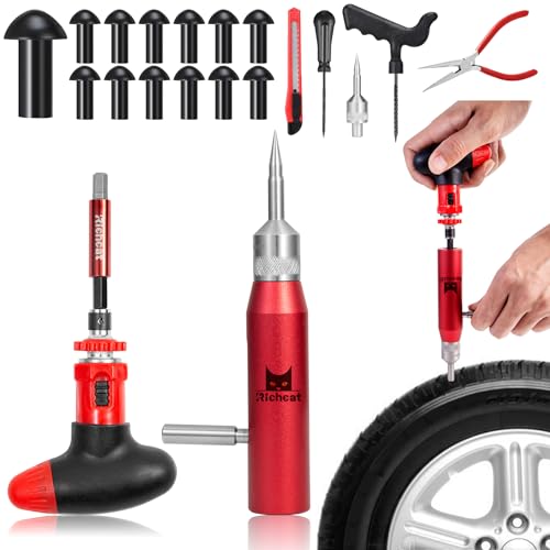 Richcat Tubeless Tire Puncture Repair Kit with Mushroom Plug, Repairs punctures and Flat Tires for Motorcycles, Cars, Trucks, ATVs and Tractors - Image 1