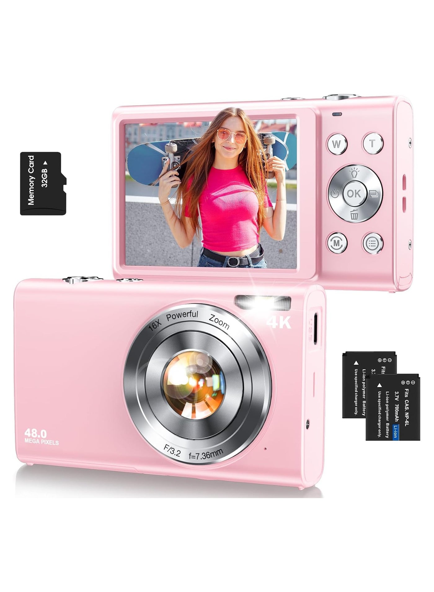 Digital Camera Autofocus 4K Vlogging Camera for Photography with 32GB Card,48MP Portable Compact Point and Shoot Digital Camera for Teens Adult Beginner with 16X Zoom Anti Shake 2 Batteries (Pink)