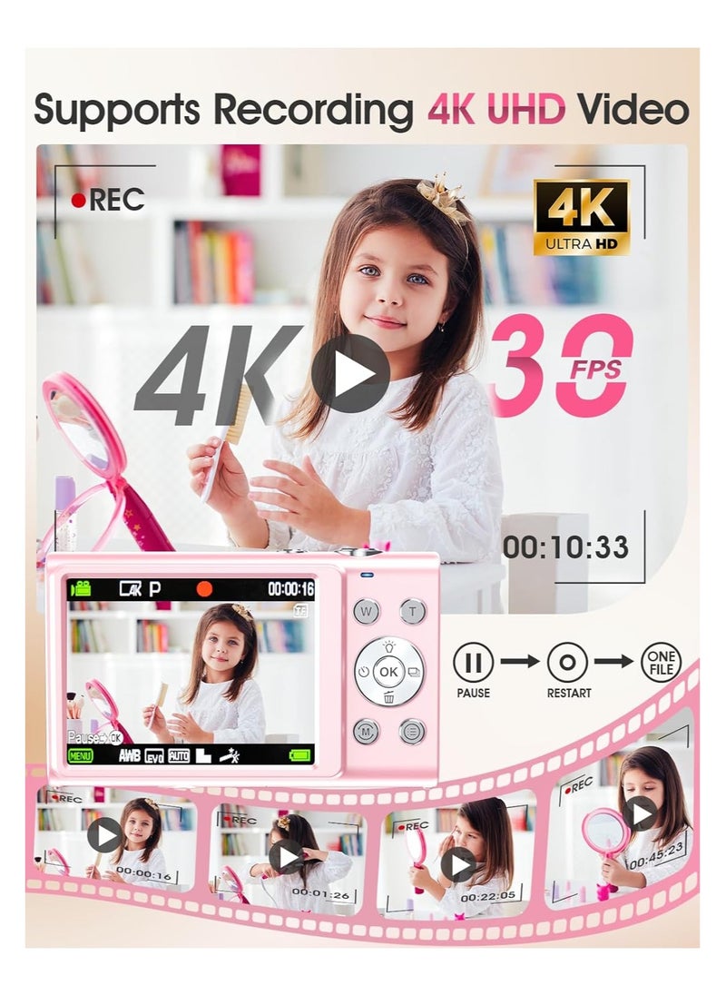 Digital Camera Autofocus 4K Vlogging Camera for Photography with 32GB Card,48MP Portable Compact Point and Shoot Digital Camera for Teens Adult Beginner with 16X Zoom Anti Shake 2 Batteries (Pink)