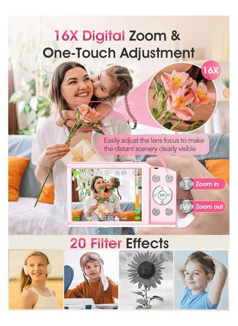 Digital Camera Autofocus 4K Vlogging Camera for Photography with 32GB Card,48MP Portable Compact Point and Shoot Digital Camera for Teens Adult Beginner with 16X Zoom Anti Shake 2 Batteries (Pink)