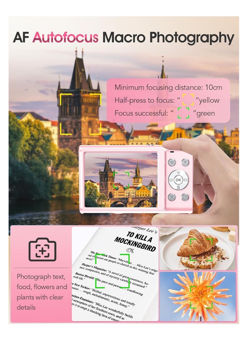 Digital Camera Autofocus 4K Vlogging Camera for Photography with 32GB Card,48MP Portable Compact Point and Shoot Digital Camera for Teens Adult Beginner with 16X Zoom Anti Shake 2 Batteries (Pink)