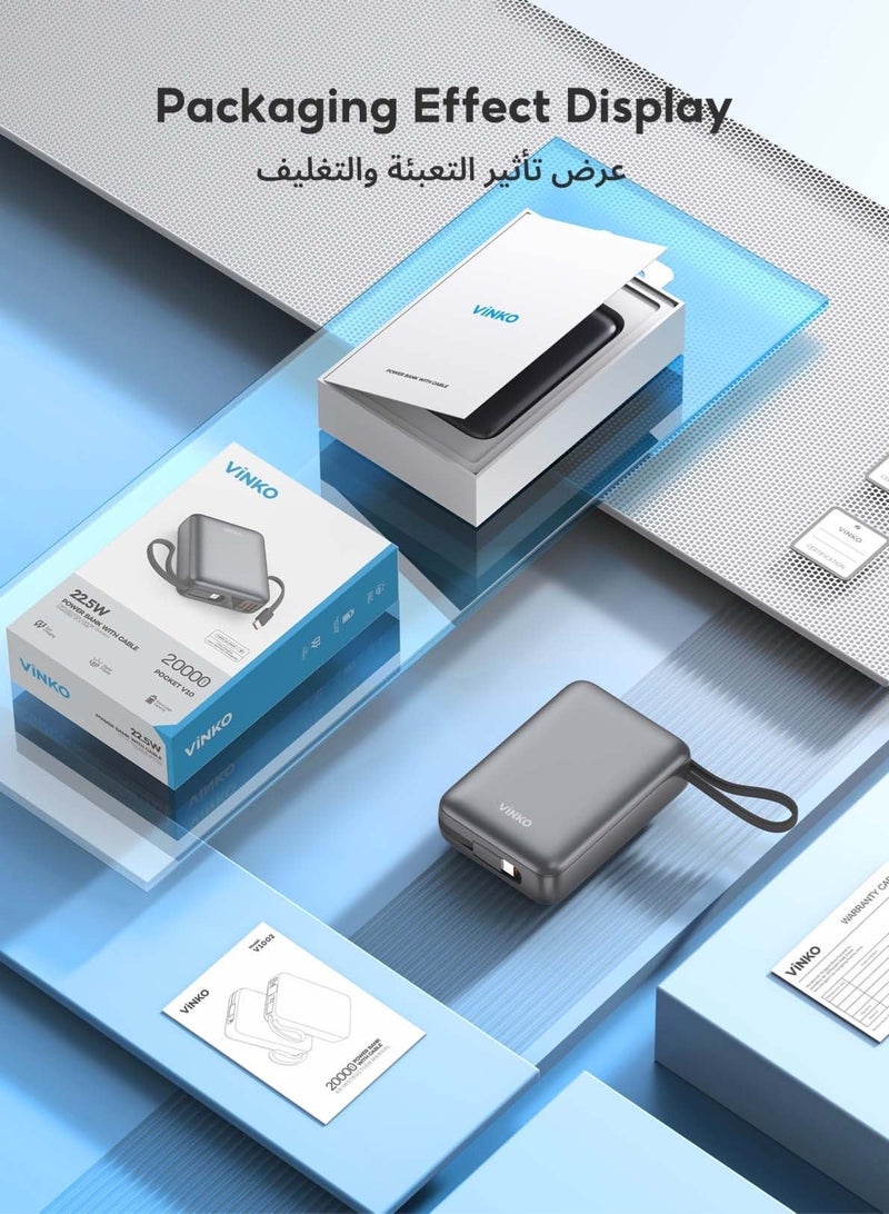 Vinko باور بانك صغير VINKO V10 بسعة 20000 مللي أمبير، شحن سريع بقدرة 22.5 واط، بحجم الجيب، مزود بكابل مدمج لايتنينغ وType-C، شحن ثنائي الاتجاه بكابل USB-C مدمج، منفذ USB-C واحد، شاشة رقمية ذكية، طاقة متنقلة مناسبة لهواتف iPhone 17 Pro Max/16 Pro/16/15/14، سلسلة Samsung Galaxy S24/S23، سامسونج، شاومي، هواوي، أجهزة أندرويد اللوحية، أجهزة الألعاب، يمكن السفر بها على الطائرة - اللون الأبيض - Image 5