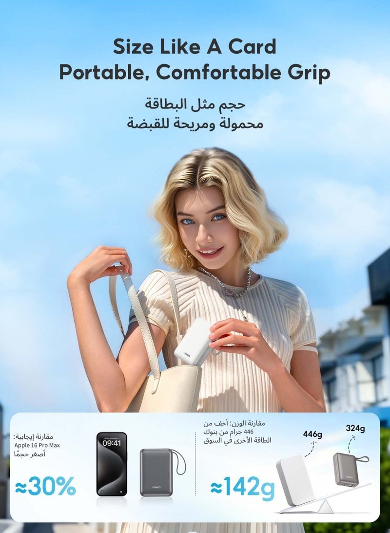 Vinko باور بانك صغير VINKO V10 بسعة 20000 مللي أمبير، شحن سريع بقدرة 22.5 واط، بحجم الجيب، مزود بكابل مدمج لايتنينغ وType-C، شحن ثنائي الاتجاه بكابل USB-C مدمج، منفذ USB-C واحد، شاشة رقمية ذكية، طاقة متنقلة مناسبة لهواتف iPhone 17 Pro Max/16 Pro/16/15/14، سلسلة Samsung Galaxy S24/S23، سامسونج، شاومي، هواوي، أجهزة أندرويد اللوحية، أجهزة الألعاب، يمكن السفر بها على الطائرة - اللون الأبيض - Image 2