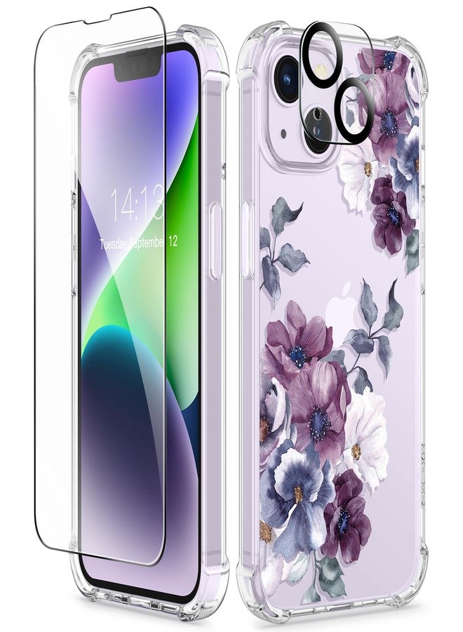 GVIEWIN for iPhone 14 Case Floral, with Screen Protector + Camera Lens Protector,[Non Yellowing]Soft Shockproof Clear Phone Protective Cover for Women, Flower Pattern Design 6.1"(Morning Glory/Purple) - Image 1