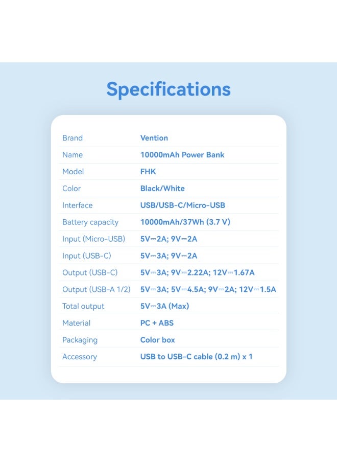 فينشن - بنك طاقة VENTION 10000 مللي أمبير في الساعة (Micro-USB + USB-C + USB-A + USB-A) 22.5 واط شاشة LED سوداء نوع الطراز # FHKB0 - Image 1