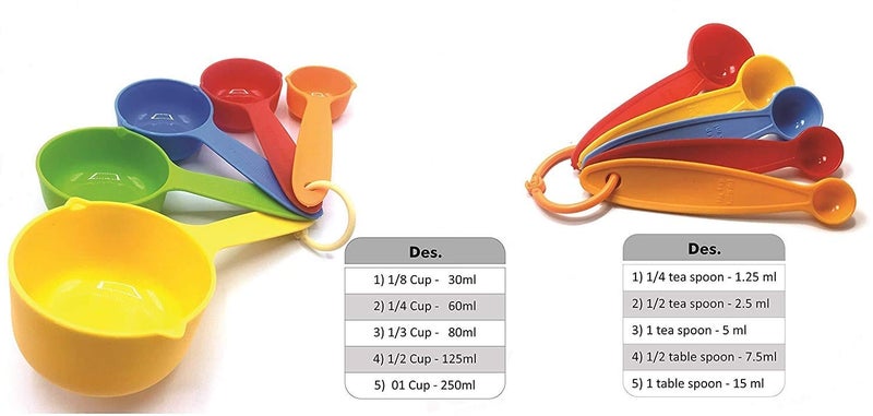 RABBONIX Plastic Baking Measurement Measuring Cups and Spoons Set (Multicolor 10 Piece) - Image 2