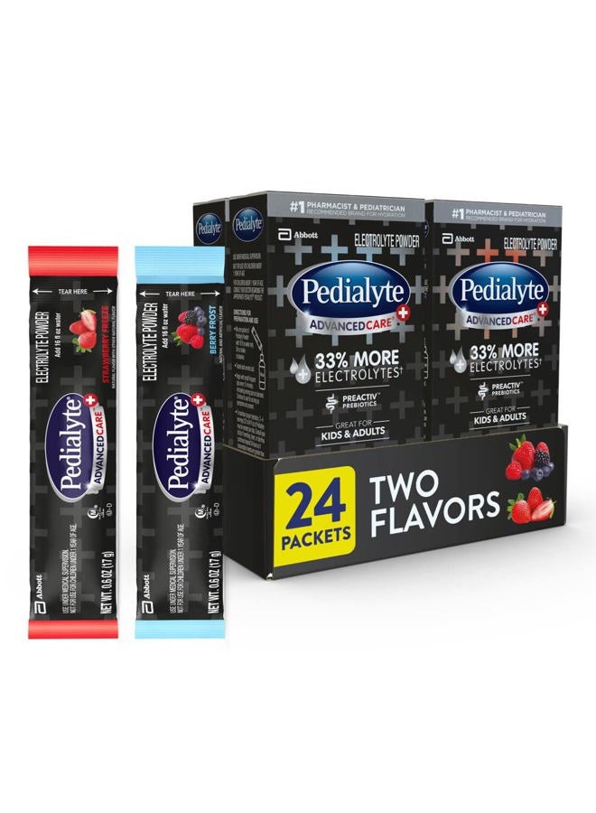 Pedialyte مسحوق الإلكتروليت AdvancedCare Plus، يحتوي على 33% المزيد من الإلكتروليتات وبريبايوتيك PreActiv، مجموعة متنوعة: توت الثلج وفراولة الثلج، 24 عبوة مسحوق - Image 1