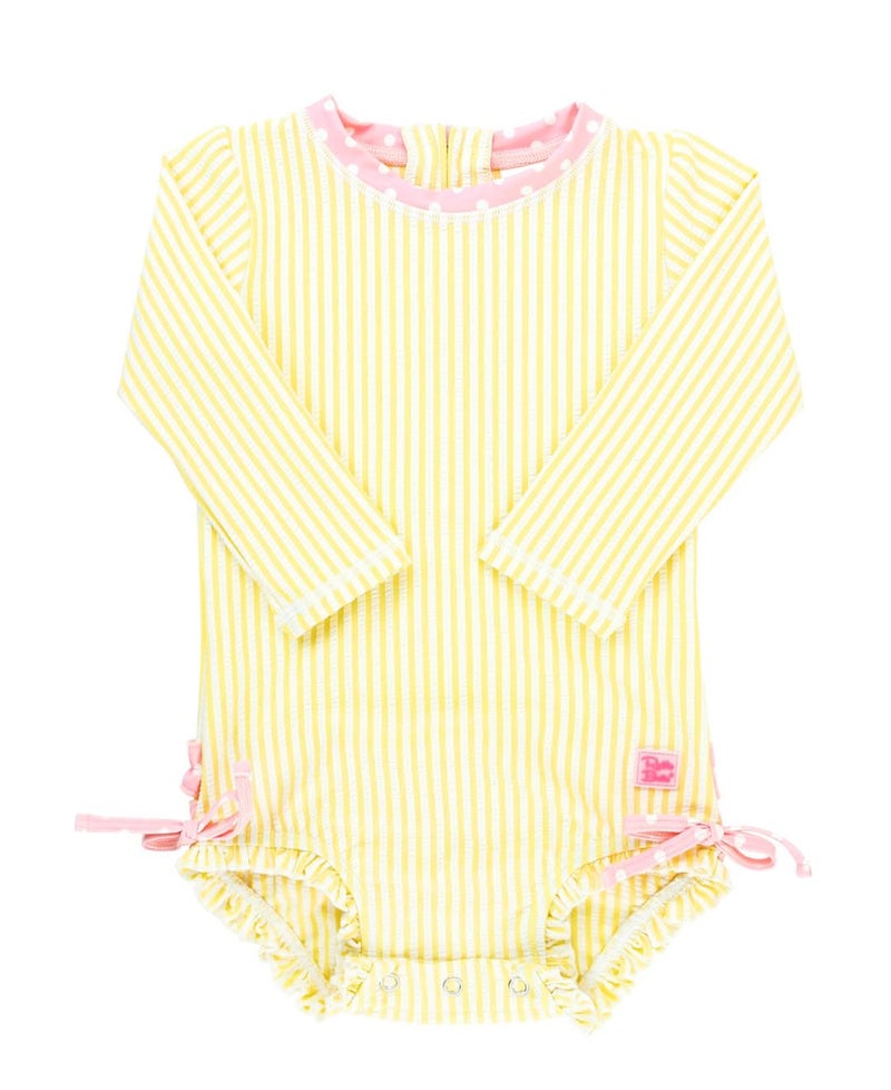 RuffleButts Banana Seersucker Long Sleeve Rash Guard One Piece - 2T - Image 1