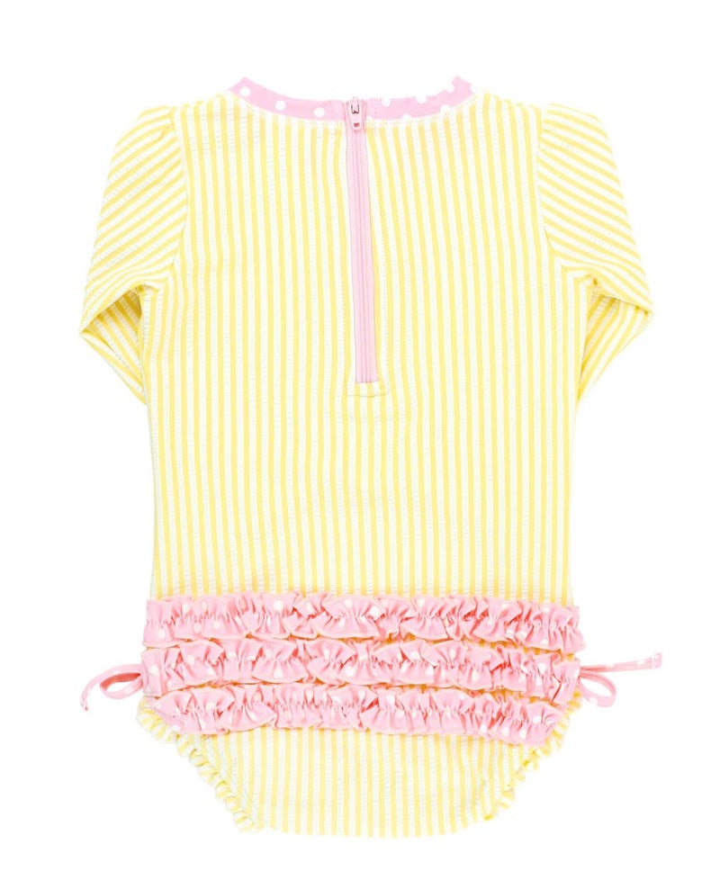 RuffleButts Banana Seersucker Long Sleeve Rash Guard One Piece - 2T - Image 3