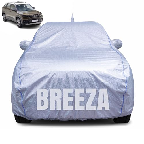 CABIUS 100% Waterproof Car Body Cover for Maruti Suzuki Brezza New with Mirror Pocket, Heat & UV Resistant, Triple Stitched, Soft Lining, Bottom Elastic & Piping (Silver Reflective) - Image 1