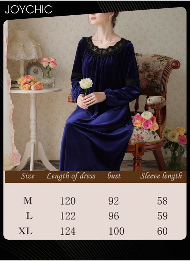 NIBEMINENT - Long-sleeved Nightgown for Women Winter Palace Style Long Home Dress Gold Velvet Fabric Warm Pajamas Ladies Loose Loungewear Dark Blue - Image 1