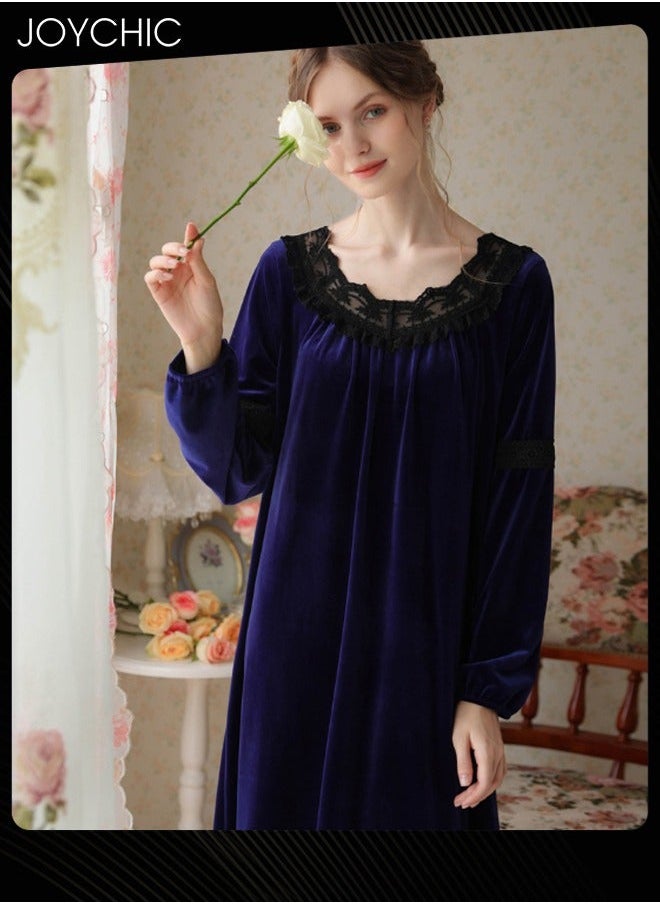 NIBEMINENT - Long-sleeved Nightgown for Women Winter Palace Style Long Home Dress Gold Velvet Fabric Warm Pajamas Ladies Loose Loungewear Dark Blue - Image 1