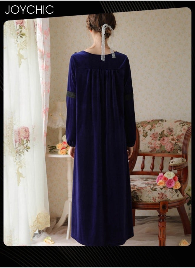 NIBEMINENT - Long-sleeved Nightgown for Women Winter Palace Style Long Home Dress Gold Velvet Fabric Warm Pajamas Ladies Loose Loungewear Dark Blue - Image 1