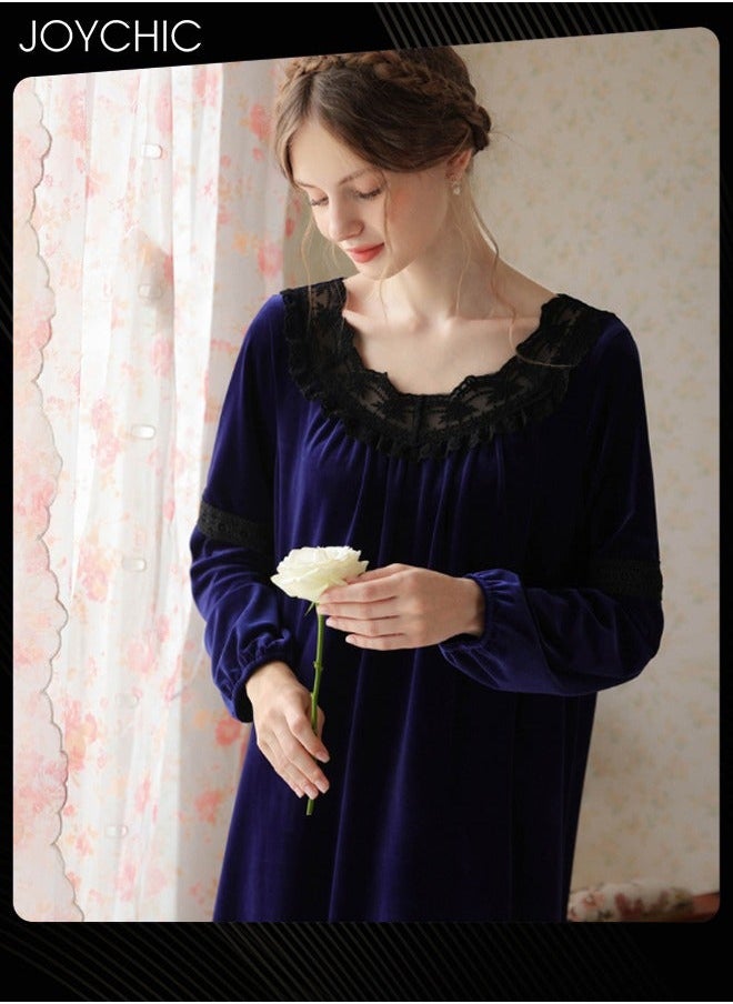 NIBEMINENT - Long-sleeved Nightgown for Women Winter Palace Style Long Home Dress Gold Velvet Fabric Warm Pajamas Ladies Loose Loungewear Dark Blue - Image 1