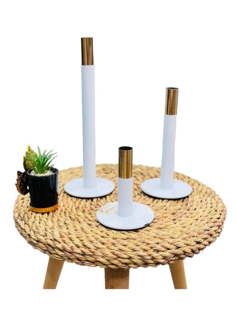 3PC Metal Candle Holder Set white & gold 14 - 20 - 30 cm