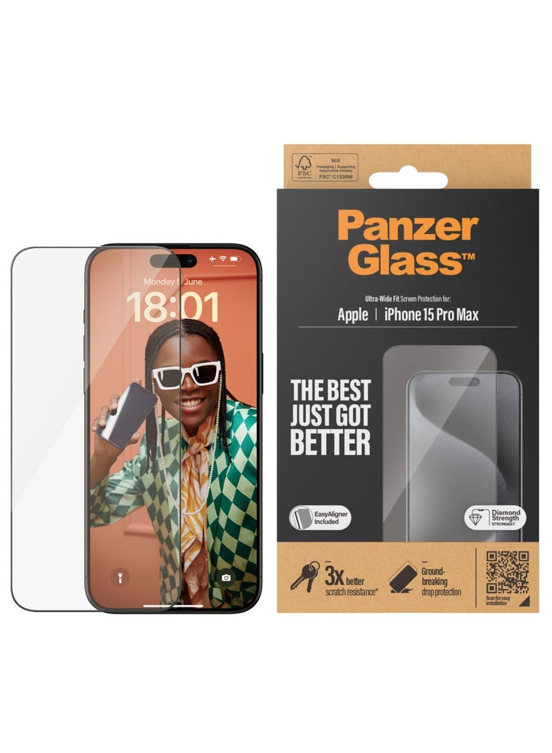 PanzerGlass واقي شاشة مقاوم للخدش PanzerGlass™ لهاتف Apple iPhone 15 Pro Max - مقاس واسع للغاية وشاشة شفافة للغاية ومقاومة للصدمات وحماية من السقوط مع مساعدة في التركيب لسهولة التركيب - Image 1