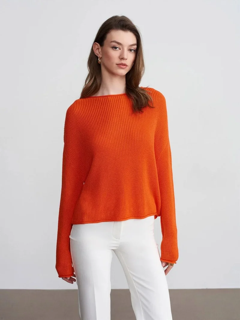 ديلفين Dilvin Women's Ribbed Boat Neck Knit Sweater
