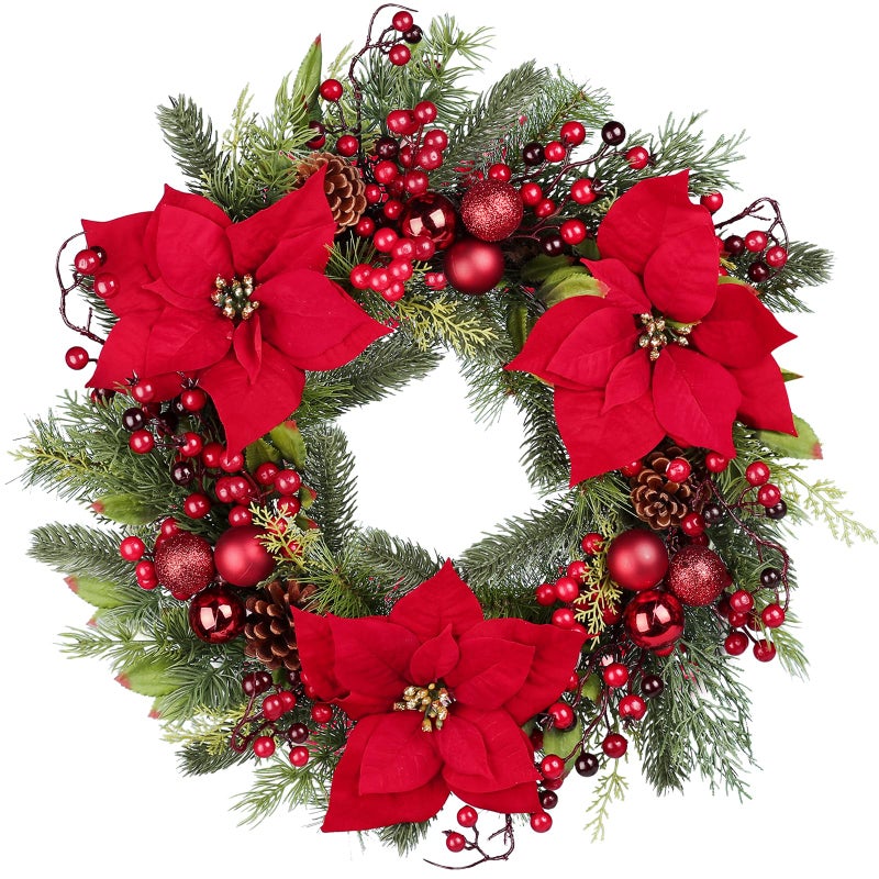 Chrisxiao Christmas Wreath Front Door 20 Inch Artificial Christmas Wreath Decorated with Holly Berries Hawthorn Berries for Indoor Outdoor Christmas Decoration