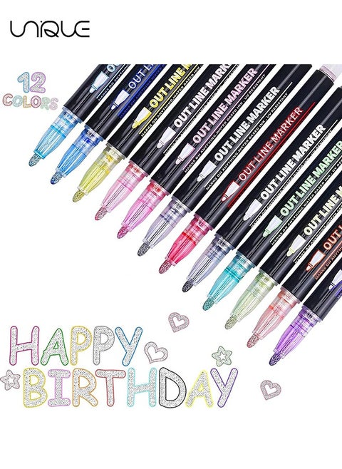 Double Line Outline Pens - 12 Colors Self Outline Metallic Markers Double Line Pen, Outline Markers Pens for Art, Drawing, Greeting Cards, Craft Projects, Posters, Painting, Journal