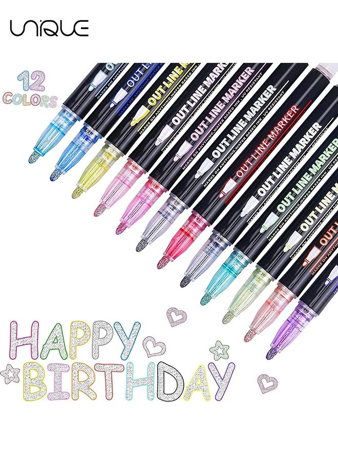 Unique - Double Line Outline Pens - 12 Colors Self Outline Metallic Markers Double Line Pen, Outline Markers Pens for Art, Drawing, Greeting Cards, Craft Projects, Posters, Painting, Journal - Image 1