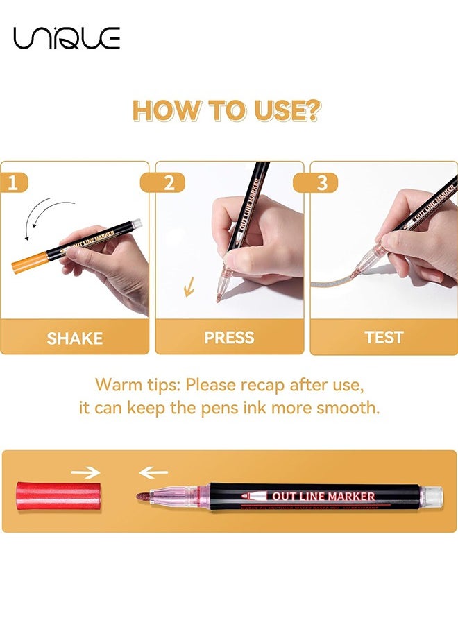 Unique - Double Line Outline Pens - 12 Colors Self Outline Metallic Markers Double Line Pen, Outline Markers Pens for Art, Drawing, Greeting Cards, Craft Projects, Posters, Painting, Journal - Image 1