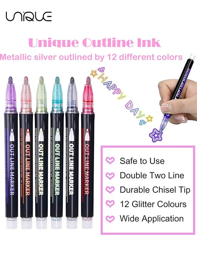 Unique - Double Line Outline Pens - 12 Colors Self Outline Metallic Markers Double Line Pen, Outline Markers Pens for Art, Drawing, Greeting Cards, Craft Projects, Posters, Painting, Journal - Image 1