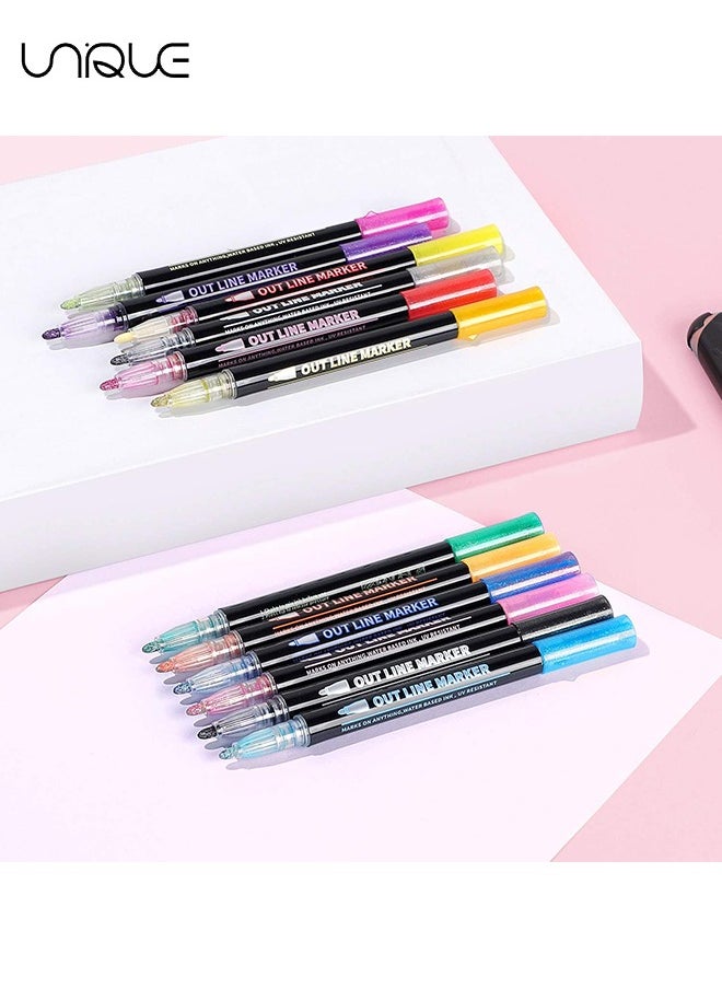 Unique - Double Line Outline Pens - 12 Colors Self Outline Metallic Markers Double Line Pen, Outline Markers Pens for Art, Drawing, Greeting Cards, Craft Projects, Posters, Painting, Journal - Image 1