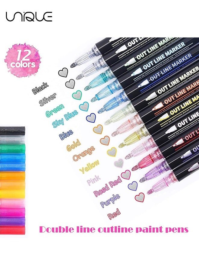 Unique - Double Line Outline Pens - 12 Colors Self Outline Metallic Markers Double Line Pen, Outline Markers Pens for Art, Drawing, Greeting Cards, Craft Projects, Posters, Painting, Journal - Image 1