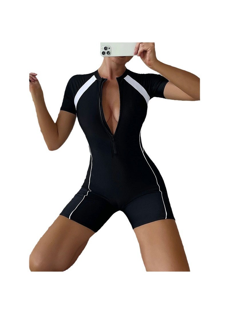 Generic - 2024 New Zippered Surf Suit One-Piece Swimsuit Black White - Image 1