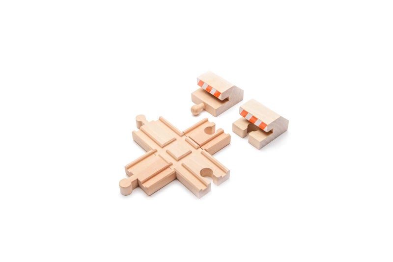 maxim enterprise, inc. Wood Intersection Track with Buffer Stops, Wooden Track Accessories for Toy Train, 2 Red and White Striped Buffers with Intersection, Compatible Major Brand Wooden Railways - Image 3