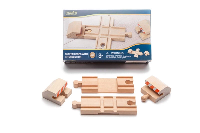 maxim enterprise, inc. Wood Intersection Track with Buffer Stops, Wooden Track Accessories for Toy Train, 2 Red and White Striped Buffers with Intersection, Compatible Major Brand Wooden Railways - Image 4
