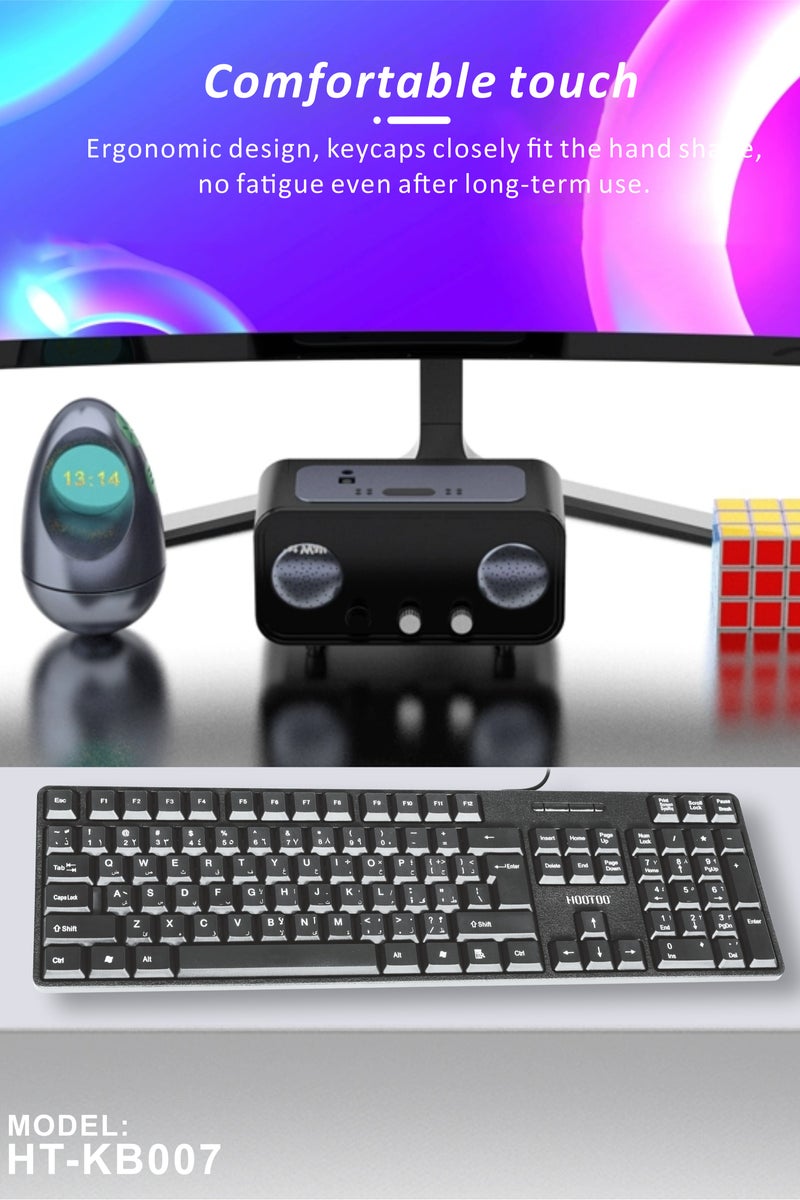HooToo Arabic English Wired Keyboard with Durable Smooth Keys Black Long-lasting Business Office Use - Image 4