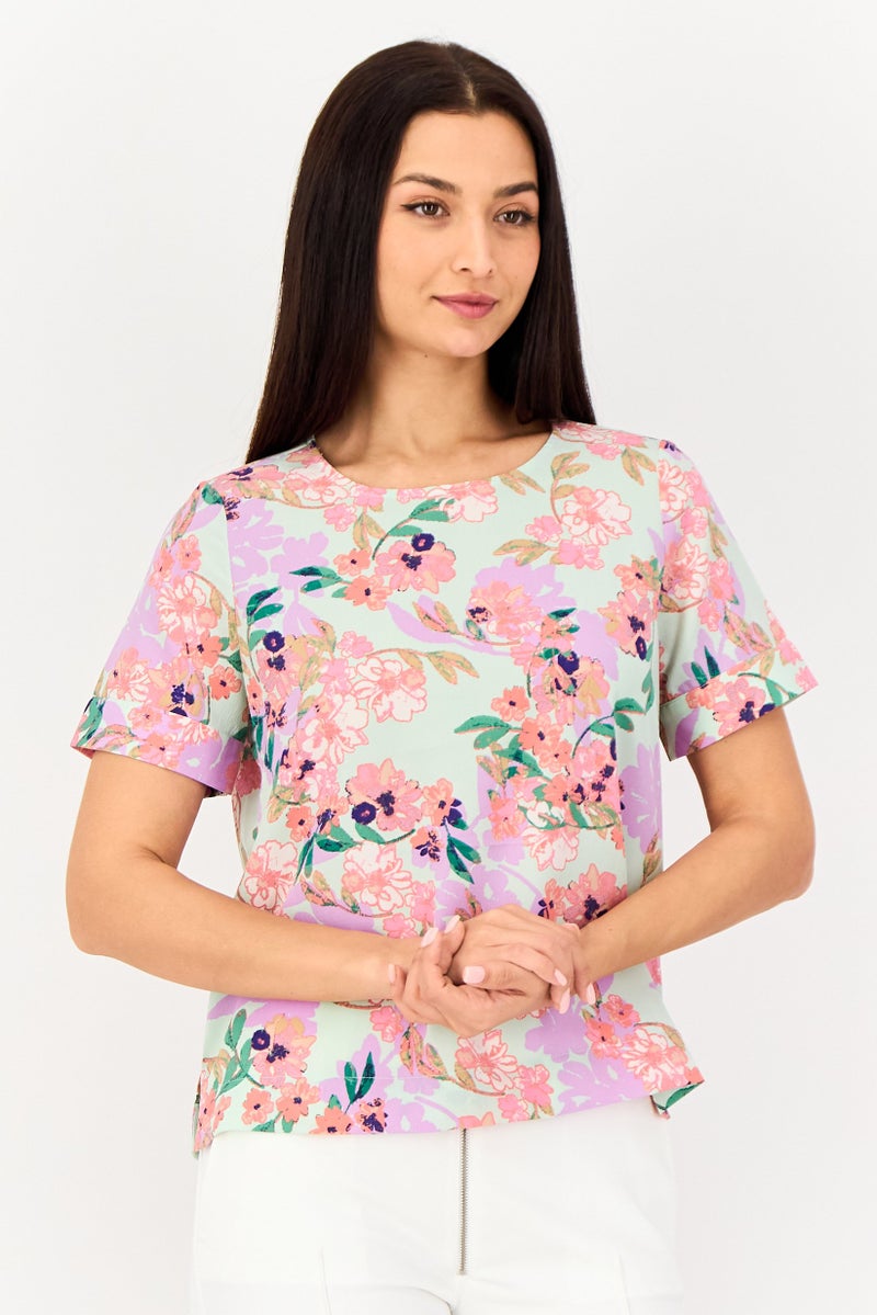 VERO MODA بلوزة مزخرفة بأكمام قصيرة من فيرو مودة للنساء، متعددة الألوان، بياقة دائرية - Image 1