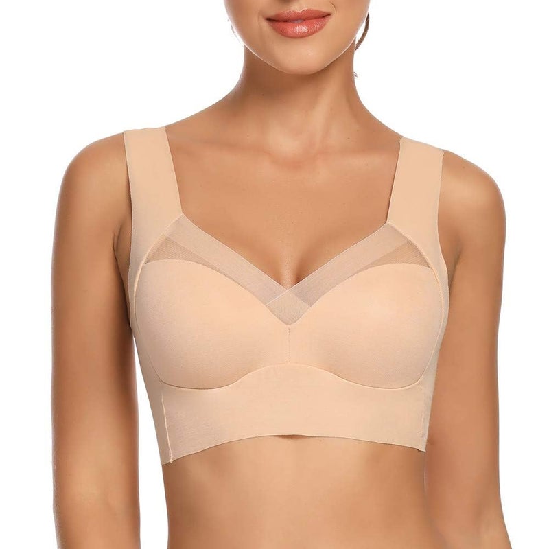 WOWENY Seamless Wirefree Bras for Women Mesh Comfortable Padded Back Smoothing Bra(168 Sleep Beige,Medium) - Image 1