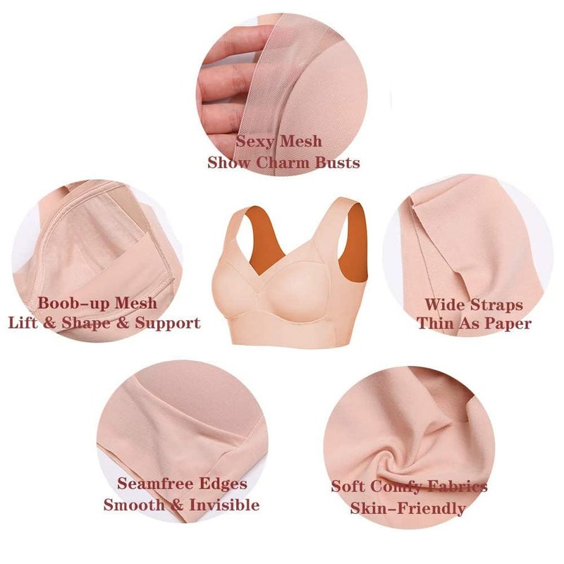 WOWENY Seamless Wirefree Bras for Women Mesh Comfortable Padded Back Smoothing Bra(168 Sleep Beige,Medium) - Image 5