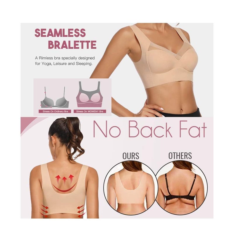 WOWENY Seamless Wirefree Bras for Women Mesh Comfortable Padded Back Smoothing Bra(168 Sleep Beige,Medium) - Image 3