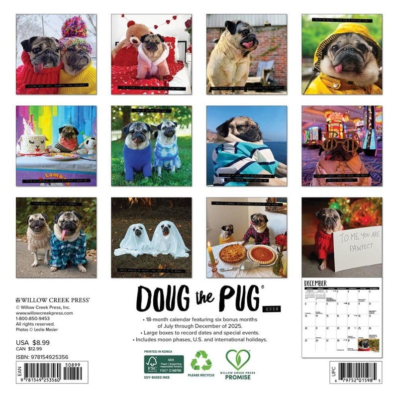 Willow Creek Press, Doug the Pug 2026 Mini Wall Calendar, 7'' X 7'', 18-Month Calendar with Stapled Binding - Image 2