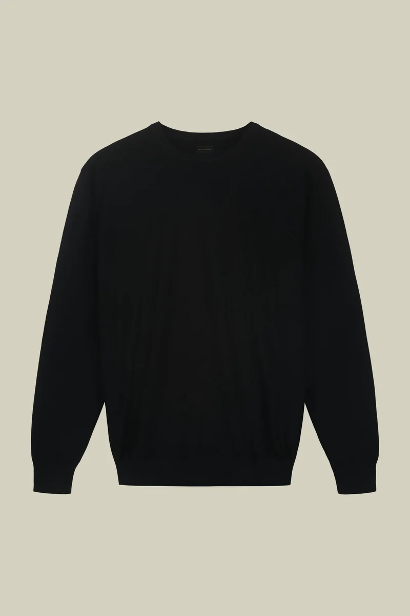 دوبل غانغر Men's regular fit crew neck jumper in 100% extra fine merino wool - Black