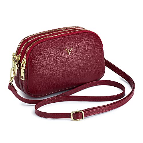 Dgffan Triple Zip Small Crossbody Bags Genuine Leather Shoulder Handbags Trendy Design Cellphone Purses for Women and Girls(wine) - Image 1